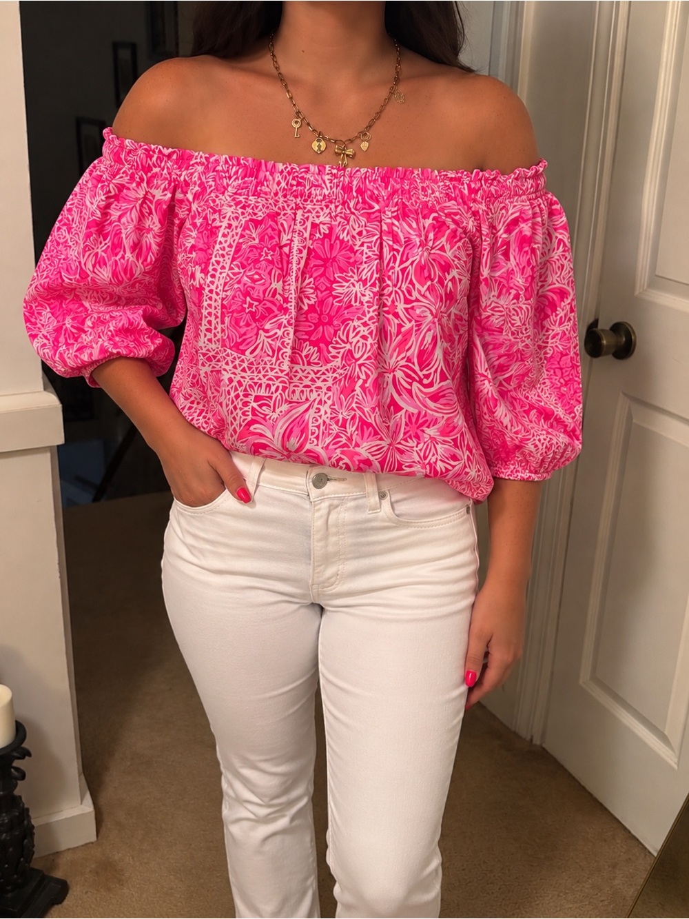 Lilly Pulitzer Vienne Top Pink “New Blooms on the Block” Off Shoulder NWT Size S